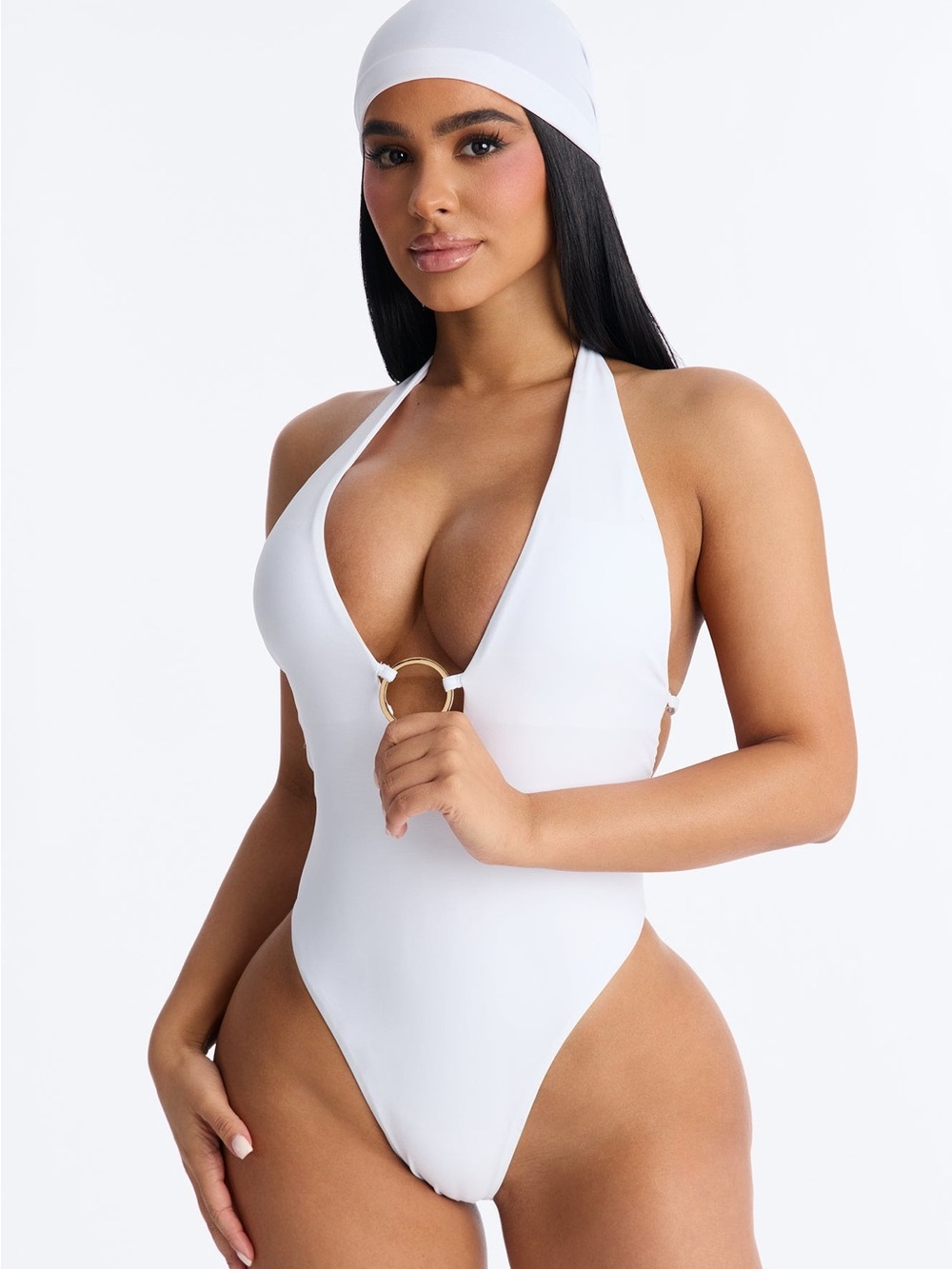 Fashion Nova White Plunge Halter One-Piece with Gold Ring